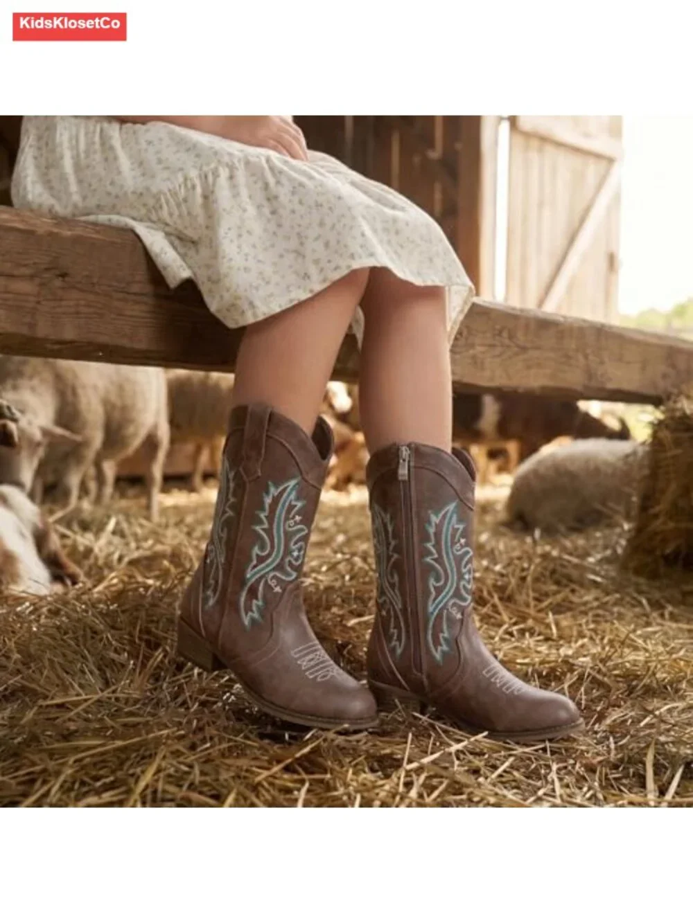 Girls Cowboy Boots Mid Calf Zipper Embroidery Western Riding Boots